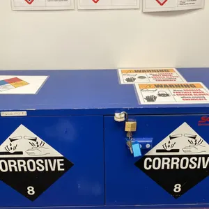 BLUE WOODEN CORROSIVE STORAGE CABINET APPROX 47"L X 18"D X 18"H