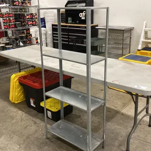8' GREY FOLDING TABLE, 4 TIER METAL SHELF & 2 STORAGE BINS WITH ADDITIONAL LIDS