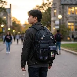 Black Backpack with Adjustable Straps and Front Pocket Accent