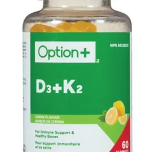 Option+ D3+K2 Gummies, Lemon Flavor – 1000 IU, 2 Bottles of 60 Gummies Each