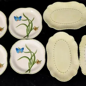 7pcs FITZ AND FLOYD Summer Hill Collection Dishware, 4 9.25" Square Plates, 2 Long 13.25" Platters, 11.5" Long Deep Dish, 1 Chip on Plate, Some Crazin