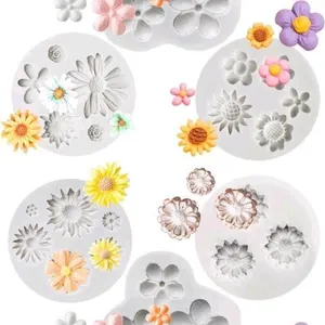 2 New KALAIEN 5 Pieces Fiower Fondant Cake Molds Fondant Silicone Mold Daisy Flower, Rose Flower, Chrysanthemum Flower Candy Silicone Molds Set for Ch