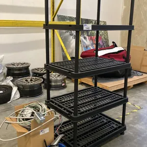 5 TIER BLACK PLASTIC SHELVING UNIT WITH BOX OF ASSORTED ELECTRICAL ITEMS