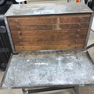 VINTAGE METAL 6 DRAWER HARDWARE ORGANIZER WITH ASSORTED HARDWARE CONTENTS