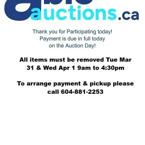 All items must be removed Tue Mar 31 & Wed Apr 1 9am to 4:30pm