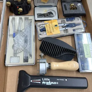 BOX OF ASSORTED TOOLS INCLUDING; LITTLE WIZARD II METAL DETECTOR, BOW COMPASS, VERITAS ANGLE & BEVEL