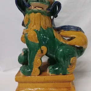 Antique Qing Dynasty Chinese Foo Dog 1644-1911 Glazed Porcelain 17" Tall × 9 3/4" Base Length Front View x 6 1/4" Base Depth