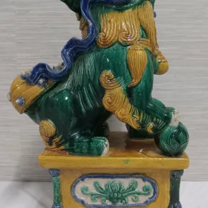Antique Qing Dynasty Foo Dog 1644 - 1911 Ceramic 19 3/4" Tall x 9 3/4" Base Across Front Side x 6 3/4" Side Base