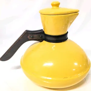 Gorgeous Vintage Mid Century Modern Catalina Mustard Ceramic Coffee Pot / Carafe with Lid & Wooden Handle | 9" Tall