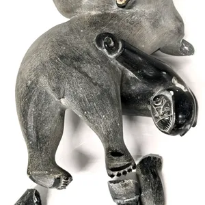 Stunning Large Signed Vintage Soapstone Carving of Man & Husky Fighting a Polar Bear by Pacome Kolaut (Inuit, Iglulik, 1925-1968) | As-Is