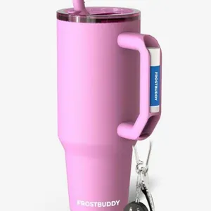 FrostBuddy 40 oz Iced Coffee Insulator Tumbler with Straw in Pink Gumdrop