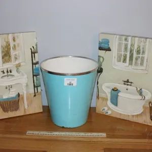 Pair of Textured Bathroom Prints and a Metal Wastepaper Basket, Prints 11 x 14