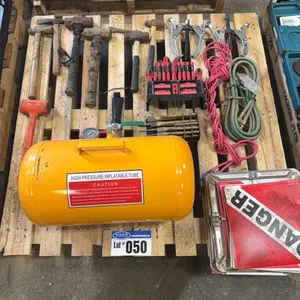 Pallet Lot; Bead Blaster, Bearing Pullers, Oxy Hose, Ext Cords, Hammers, Danger Signs