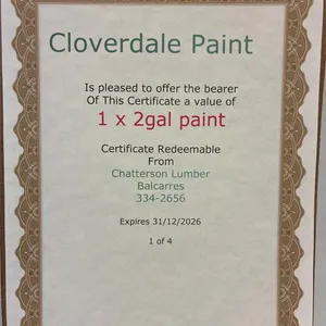 Cloverdale Paint Certificate for 1 x 2gal of Paint