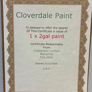 Cloverdale Paint Certificate for 1 x 2gal of Paint