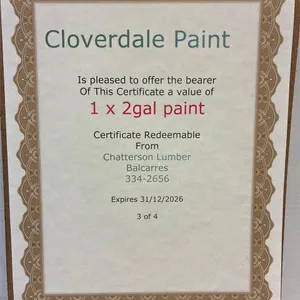 Cloverdale Paint Certificate for 1 x 2gal of Paint