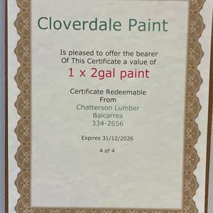 Cloverdale Paint Certificate for 1 x 2gal of Paint