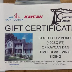 Kaycan $1200 for 400 sq ft Siding Certificate