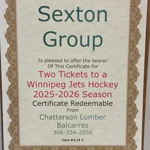 2 Winnipeg Jets Hockey Tickets Certificate
