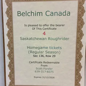 Saskatchewan Roughrider Tickets Certificate