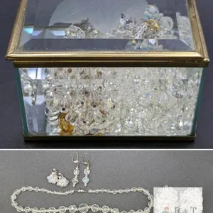 Vintage Crystal Jewelry : Pair of Shoe Clips, 2 Necklaces (17.5" - 26") 2 Pairs Earrings (Pierced & Clip-Ons) n Etched Glass & Brass Keepsake 