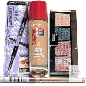 New MAYBELLINE Ultra Slim Pencil (255 Soft Brown), RIMMEL 25hr Full Coverage Foundation (303 Ful Nude), REVLON Prismatic Palette (963 Slight Flex), L'
