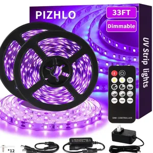 PIZHLO Upgraded 33ft/10M LED Black Light Strip Set with Remote, 600 LEDs, 12V Self-Adhesive Dimmable