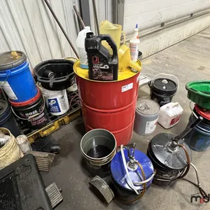 Assortment of Oil Pails w/ Pumps & Shell S2 VX Hydraulic Oil Barrel
 UNRESERVED