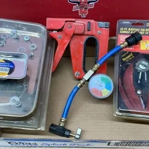 Tray of Asst. Tools. Stapler, Ratchet Strap,