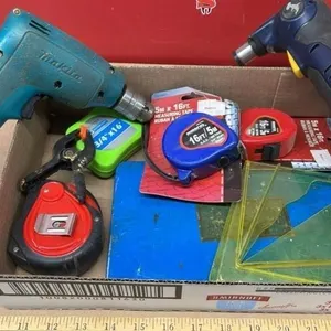 Asst. Items. Tape Measures, 2 Drills. NO CHARGERS