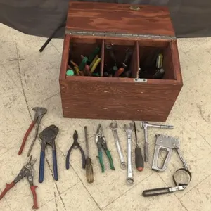 Wooden Box with Assorted Tools. Wrenches, Staple