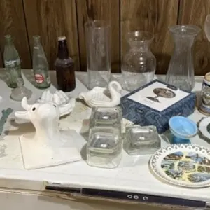 Decorative Plates, Vintage Bottles, Vases, Bell,
