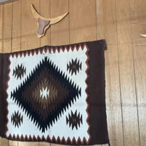 Navajo Style Rug, 3 Wooden Steer Head Wall