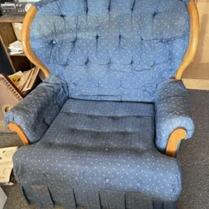 Cloth Blue Patterned Armchair w/ Wooden Accents