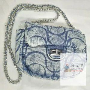 NEW Denim Chain Shoulder Bag, Blue Printed Flap, Turn-Lock Closure, Quilted, 10" x 7.5"