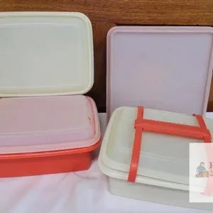 Vintage Tupperware 514-5 Red & White Rectangular Storage Containers with Lids & Handle, 1.35 Gal
