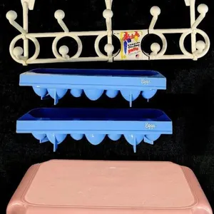 Vintage 70s Plastic Bath Wall Clock, Egg Trays, Pink Step Stool & Coat Rack Pastel Home Set