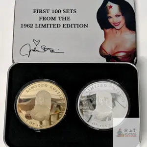 [Rare] Limited Edition JULIE STRAIN (1962–2021) FANS CLUB Wonder Woman Collectable Medallion Pair in Collectable Metal Tin, February 18, 1962 Concord 