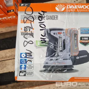 Unused Daewoo DALOS18-1 Lithium Orbital Sander + Lithium Carger + Lithium Battery (6 of), DALRC18-1 Lithium Angle Grinder +  Lithium Charger + Lithiim