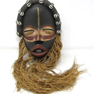 DAN AFRICAN TRIBAL MASK WITH RAFFIA HAIR & SHELLS