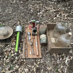 Vintage, oil cans, fishing reel, egg scale,