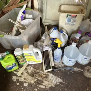 Cleaning supplies, beware signs, 2 heat lamps