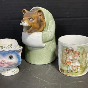 Bear Creamer, Blue Kitty Egg Cup, Antique