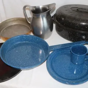 West Bend Frying Pan, Pizza Stone, Enamel Ware &