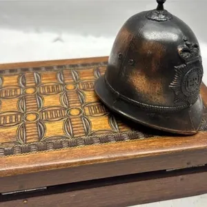 Vintage English Police helmet bell & Wood box lot