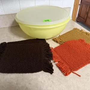 Tupperware party bowl, handcrafted hot pads