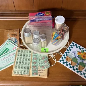 Green stamps, lazy susan of salt & pepper