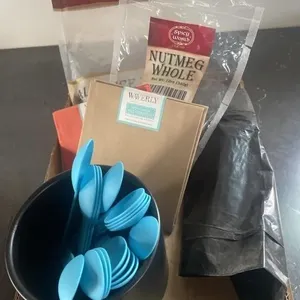 Plastic bags, colored fabric, whole spices