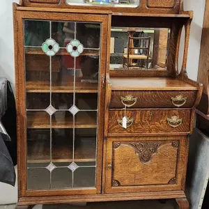 Oak China/Buffet w/ lead & stained glass accents - Refinished, but needs work