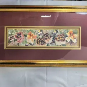 Framed wall hanging, pansies, 29" x 16"